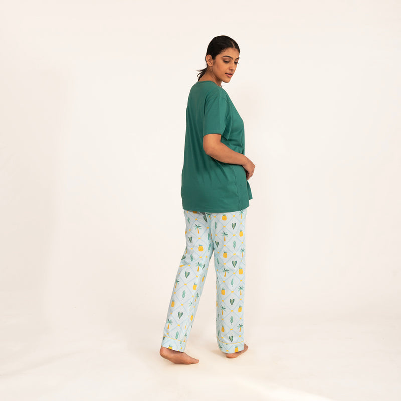 Pineapple Palms Embroidered T-shirt & Cotton Pyjama Women's