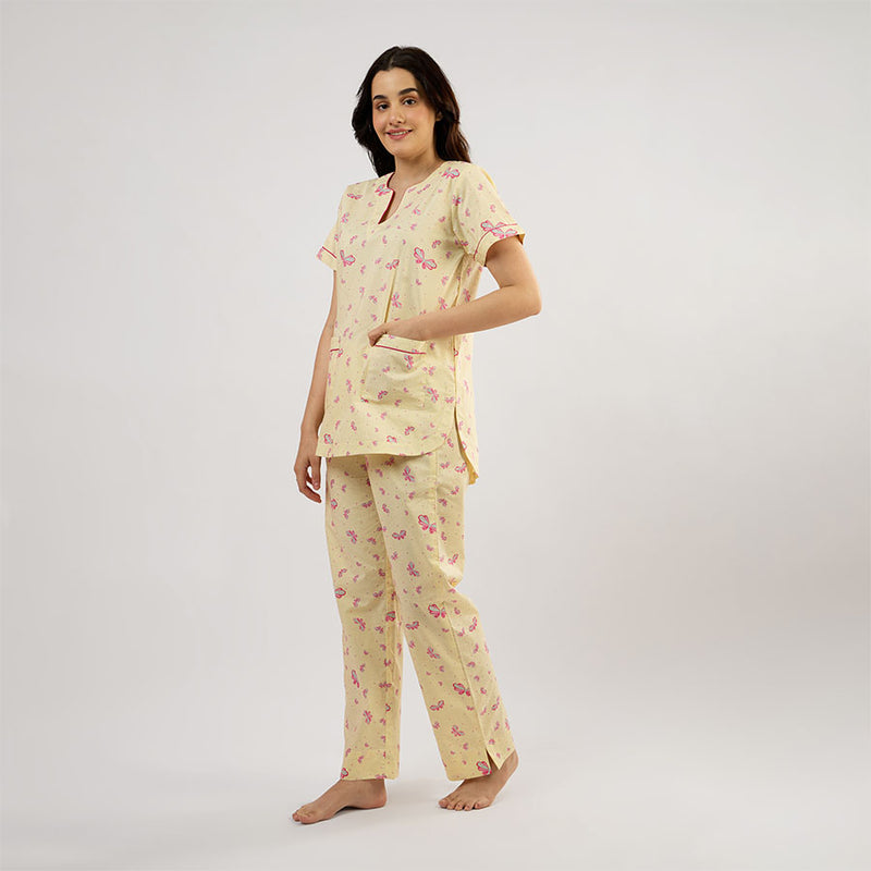 Butterfly Cotton Dip-Neck Pyjama Set