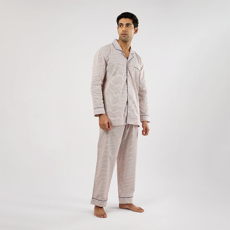 Multi Pin Stripe Cotton Notched Pyjama Set for Men