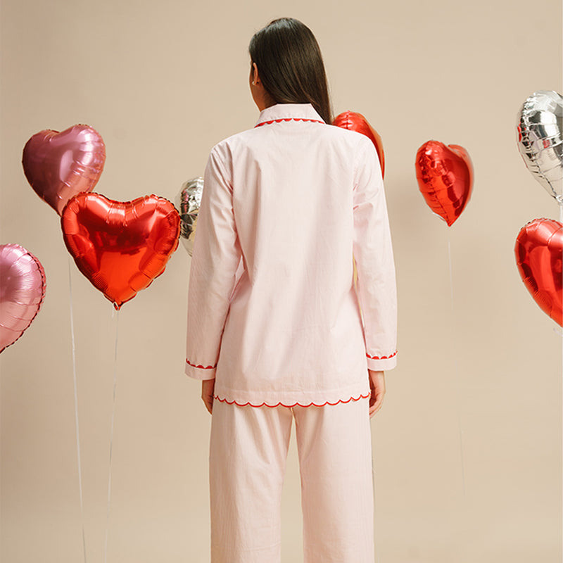Tickled Pink Embroidered Notched Collar Pyjama Set - Women