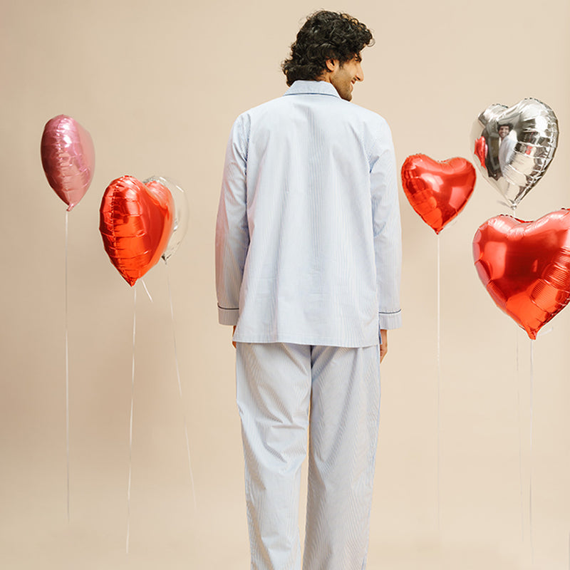 Cloudy Embroidered Cotton Notched Pyjama Set - Men