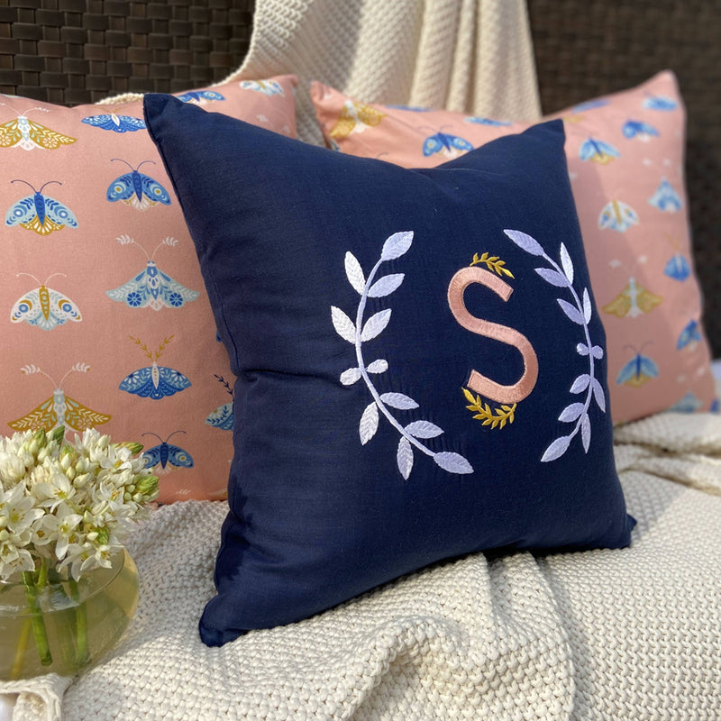 Buy Embroidered Cushions Online  Crescent Monogrammed - Dandelion