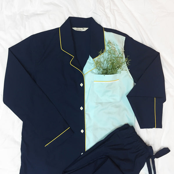 Navy Aqua Cotton Notched Pyjama For Women's