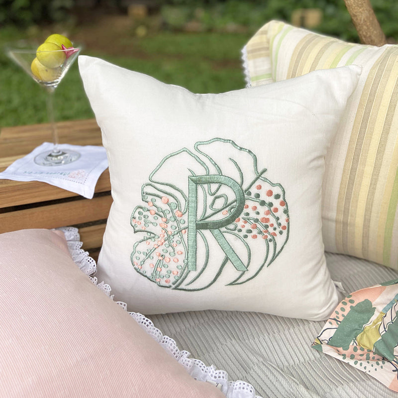 Dandelion -  Monstera -Embroidered Cushion-  Woven fabric