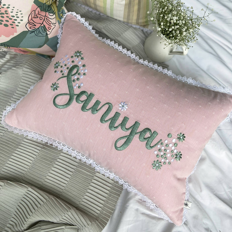 Dandelion - Tropical -Blush Pink - Monogrammed- Cushion- Kidney - Monogramed - Woven fabric