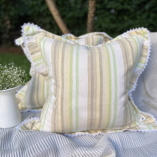 Dandelion - Lemon Stripes - Lace Trim - Cushion- cotton fabric