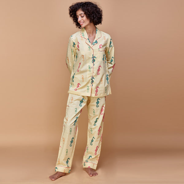 Seahorse fancies Cotton Notched Pyjama Set - Women's