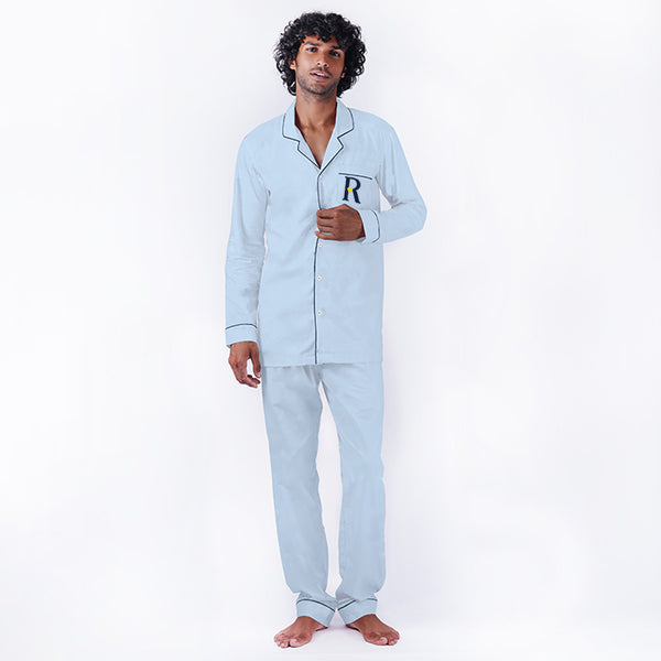 Embroidered Cotton Notched Pyjama Set