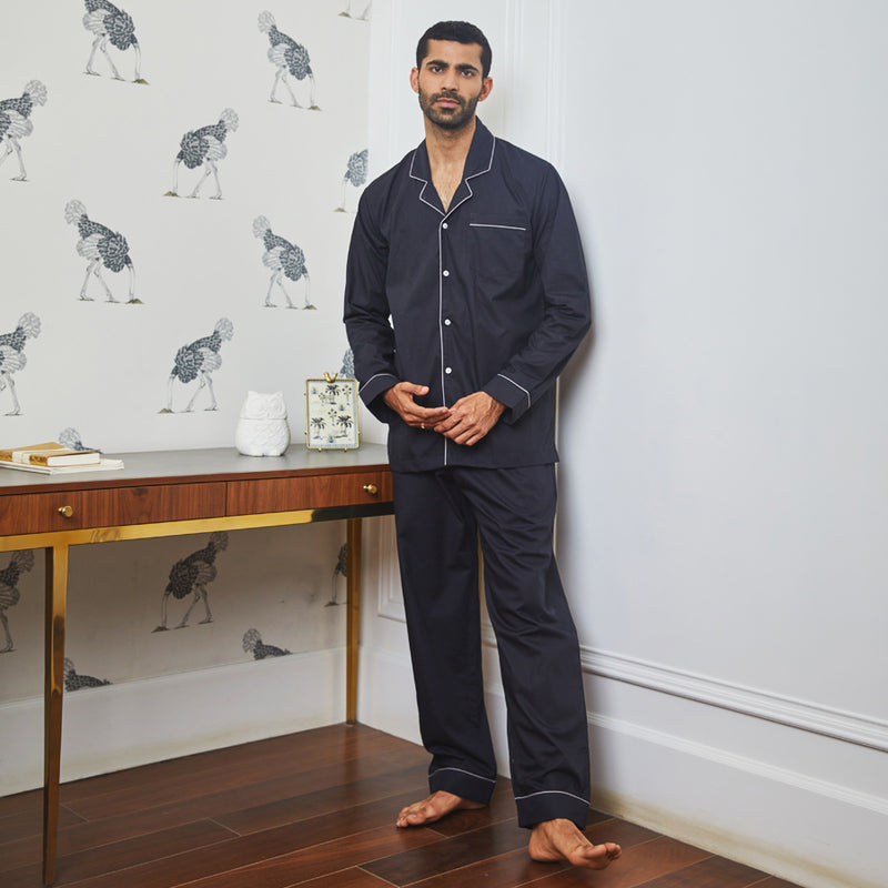 Black Cotton Notched Pyjama Set