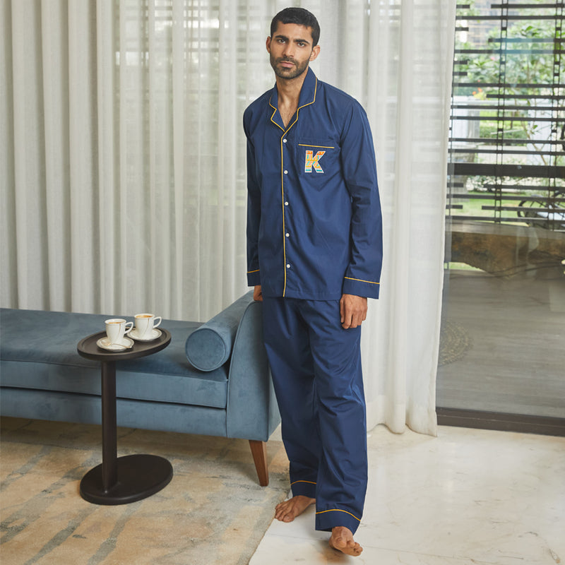Berry Blue Letterology Cotton Notched Pyjama Set for Men's