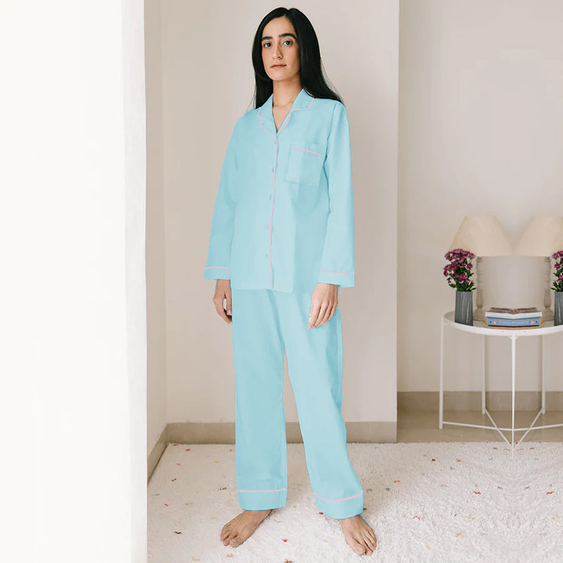 Aqua Blue Cotton Notched Pyjama Set