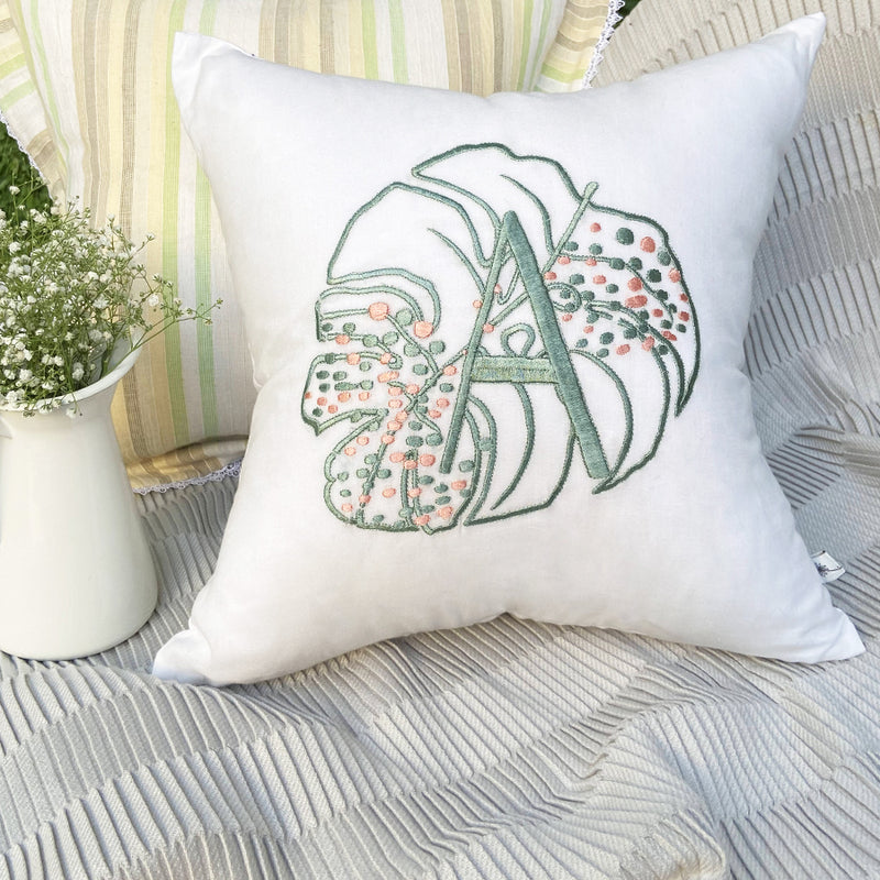 Dandelion -  Monstera -Embroidered Cushion-  Woven fabric