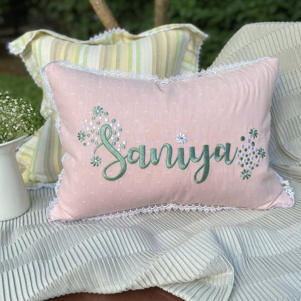 Dandelion - Tropical -Blush Pink - Monogrammed- Cushion- Kidney - Monogramed - Woven fabric