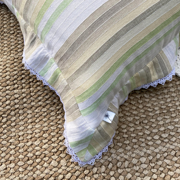 Dandelion - Lemon Stripes - Lace Trim - Cushion- cotton fabric