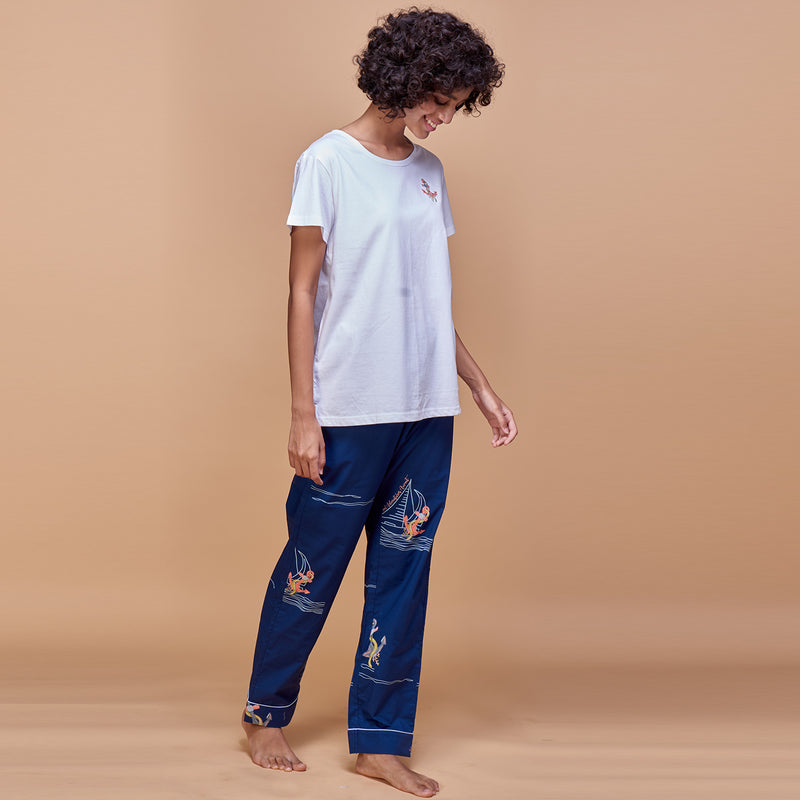 Set Sail Embroidered T-shirt & Cotton Pyjama