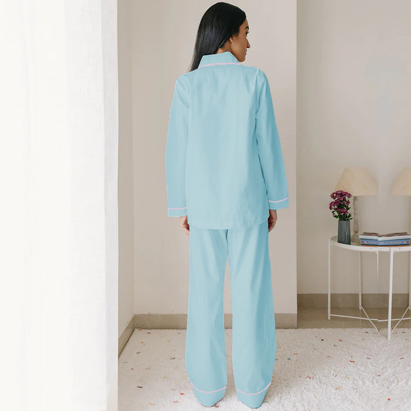 Aqua Blue Cotton Notched Pyjama Set