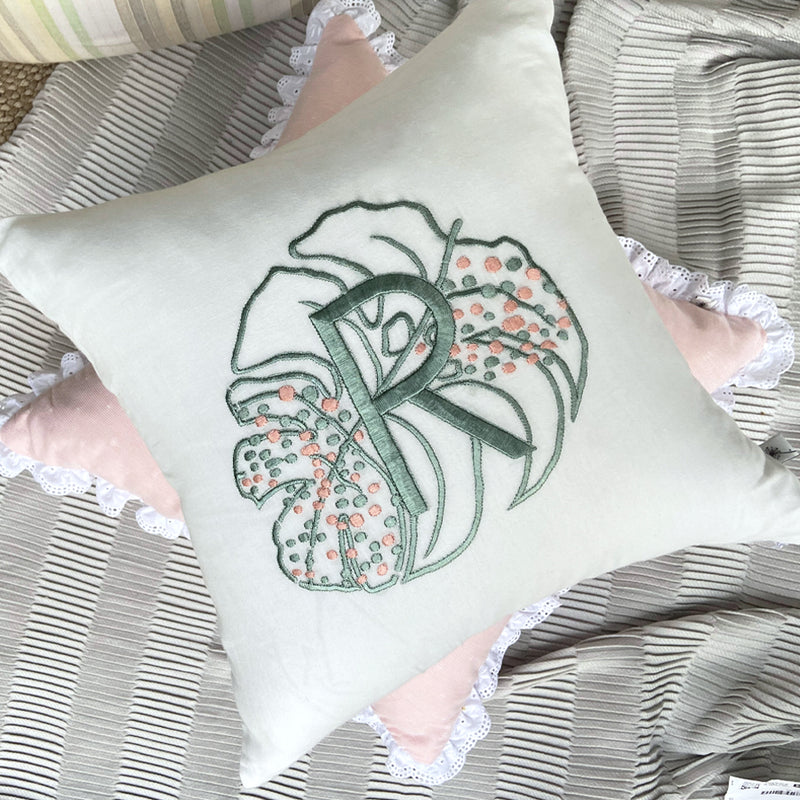 Dandelion -  Monstera -Embroidered Cushion-  Woven fabric