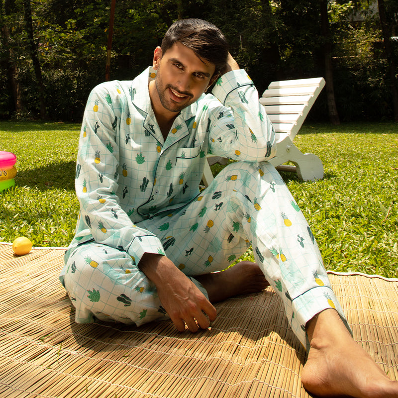 Tropical Treat Cotton Notched Pyjama Set For Men's