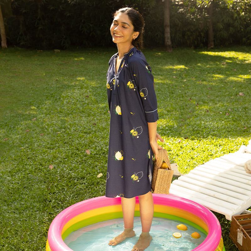 Lemon Squeazy Cotton Dip-Neck Sleep Dress