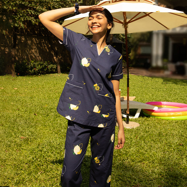 Lemon Squeazy Cotton Dip-Neck Pyjama Set