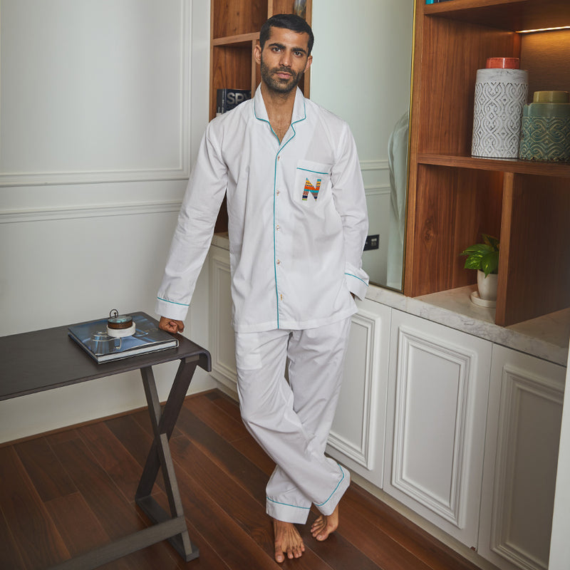 Frost White Letterology Cotton Notched Pyjama Set For Men's