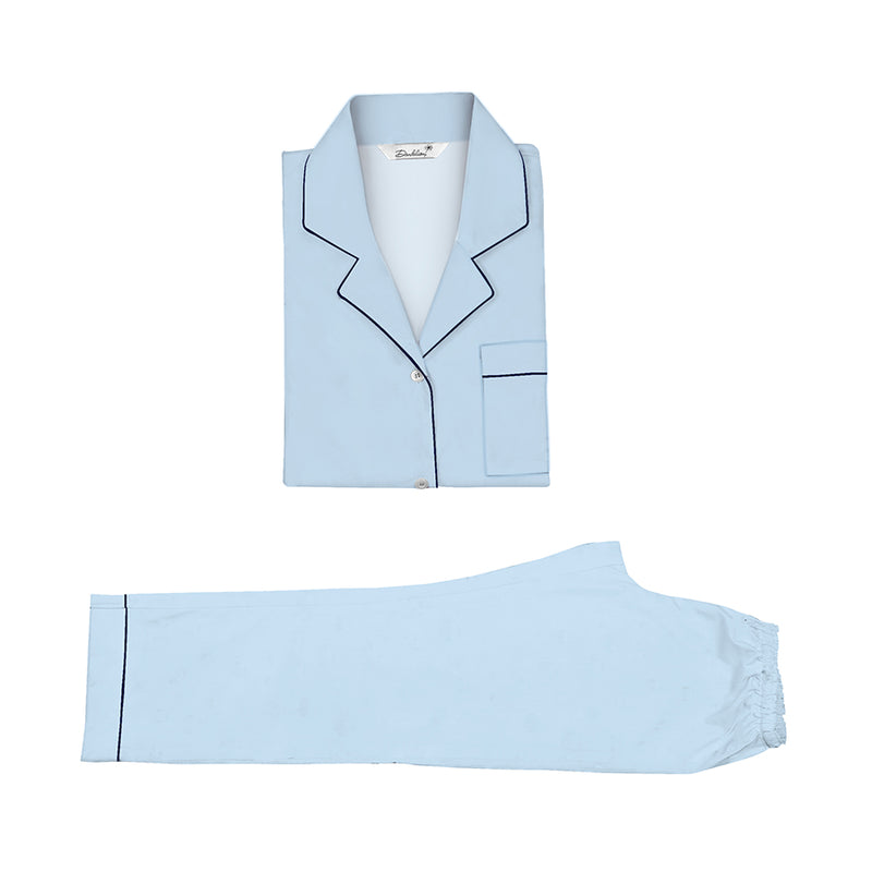 Light Blue Cotton Notched Pyjama Set