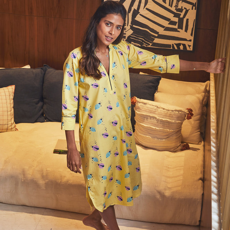Dandelion - Yellow - Printed Cotton- Ladybird - Mid Length - Nighty Sleep dress