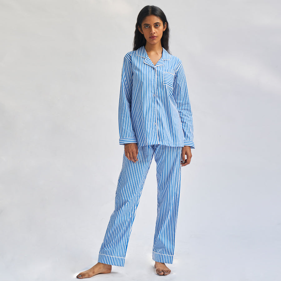 Buy Notched Collar pyjama set for women  Blue Striped - Floaty Sky -  Dandelion Dreams