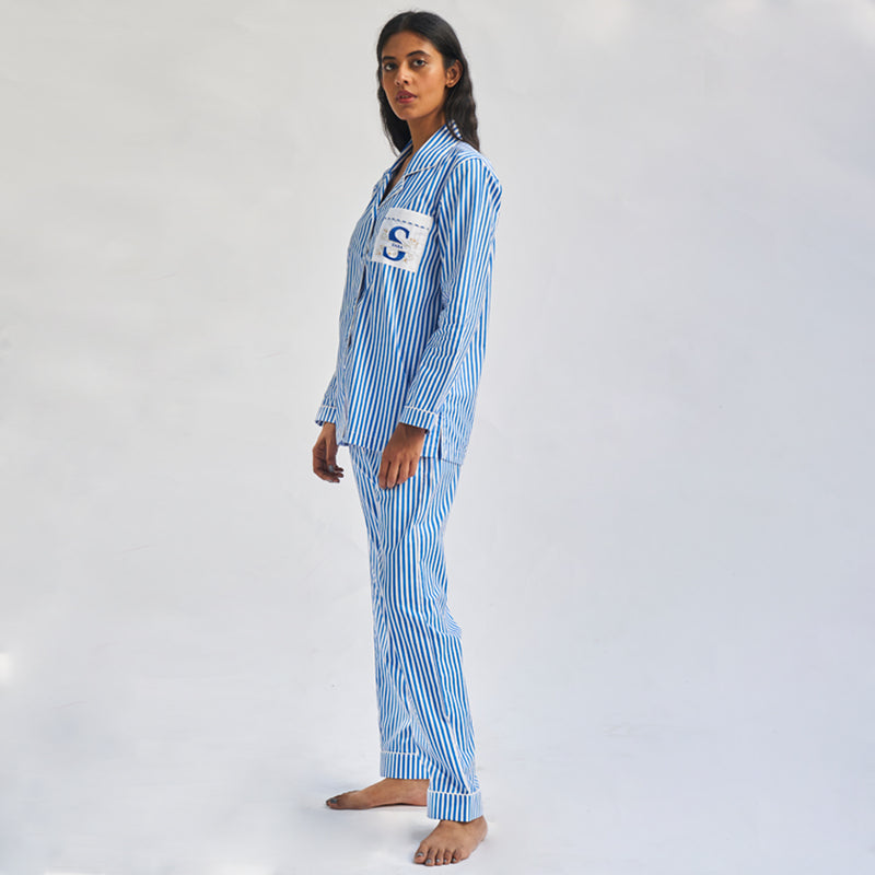 Floaty Sky Embroidered Cotton Notched Collar Pyjama Set