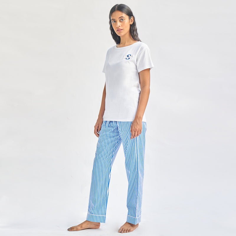 Floaty Sky Embroidered T-shirt & Cotton Pyjama For Women's