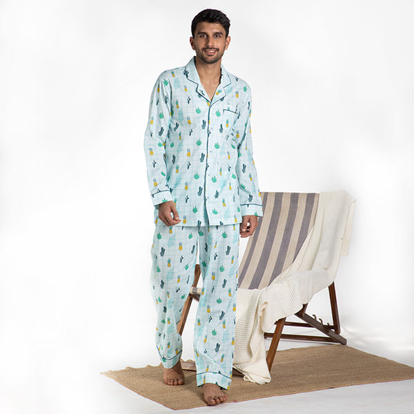 Tropical Treat Cotton Notched Pyjama Set For Men's