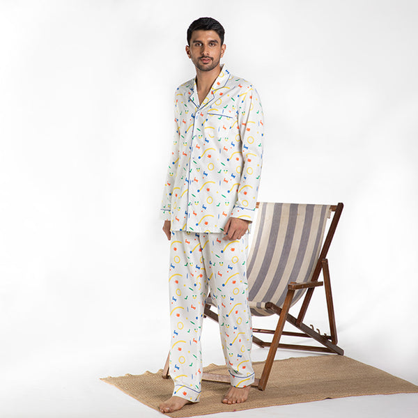Splotch Cotton Notched Pyjama Set For Men's