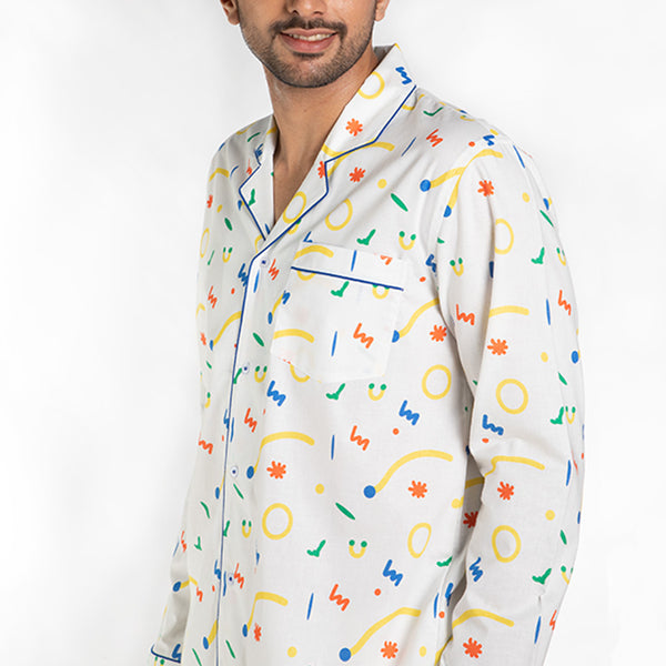 Splotch Cotton Notched Pyjama Set For Men's