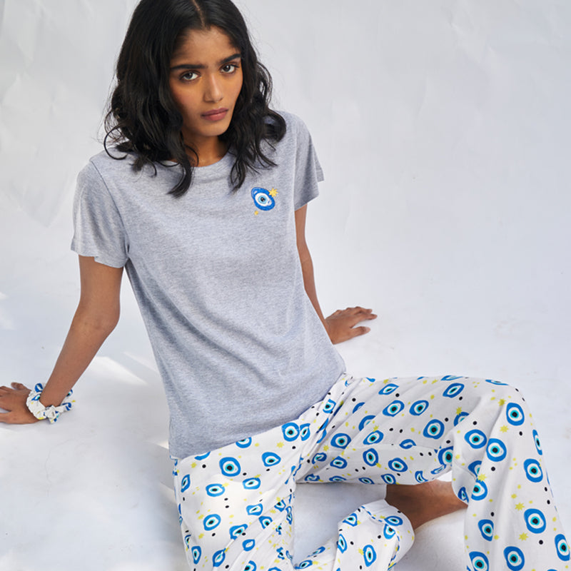 All Eyes on Me Embroidered T-shirt & Cotton Pyjama for Women's