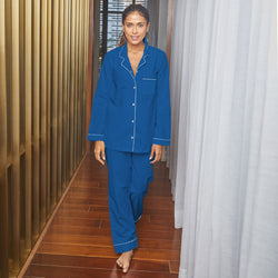 Midnight Blue Cotton Notched Pyjama Set For Women's