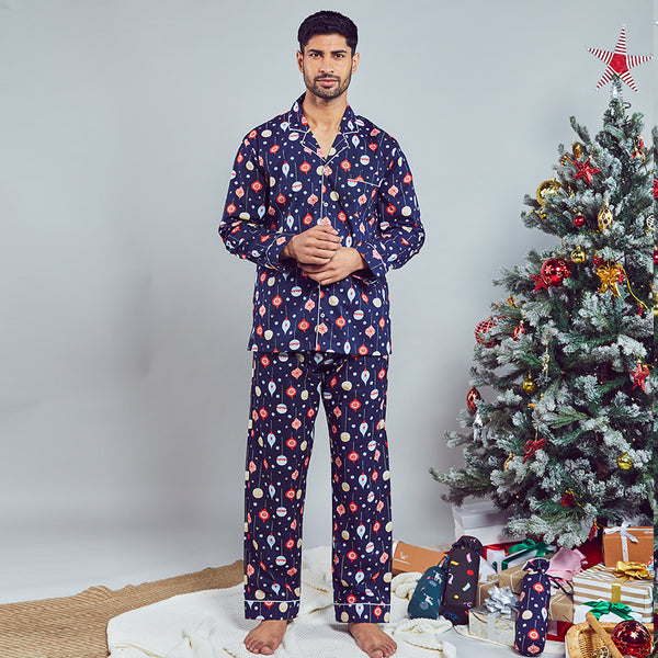 Baubles Cotton Notched Pyjama Set for Men