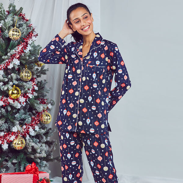 Baubles Cotton Notched Pyjama Set for Women's