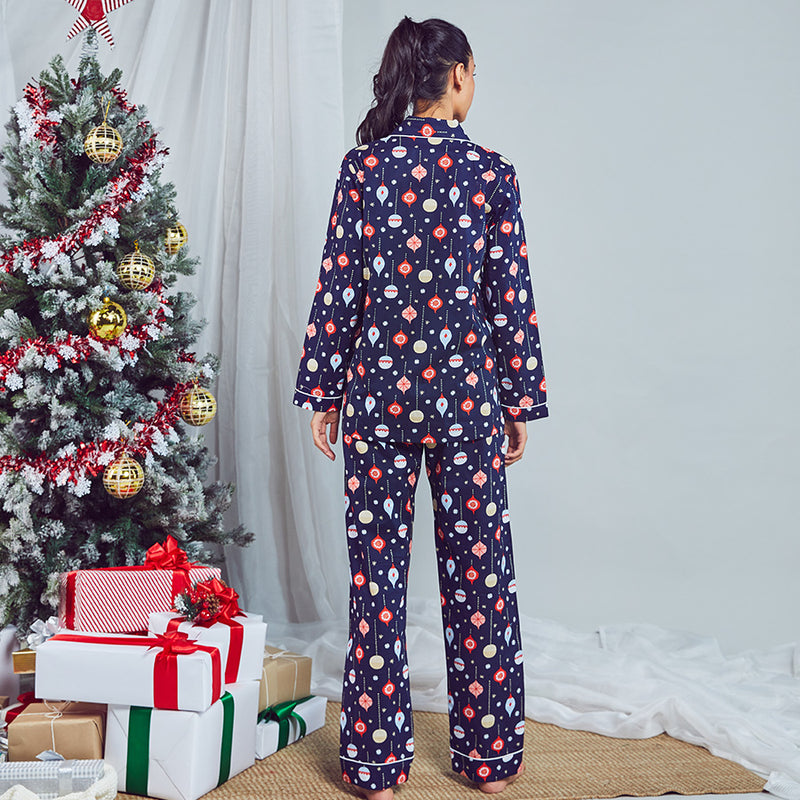 Baubles Cotton Notched Pyjama Set for Women's
