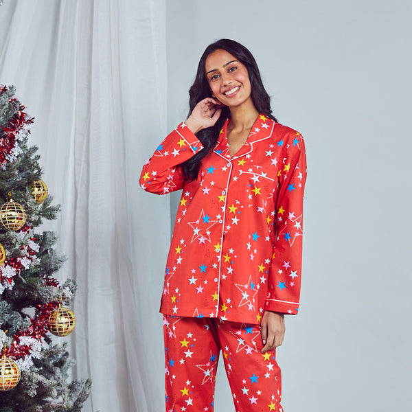 Starburst Cotton Notched Pyjama Set For Women's
