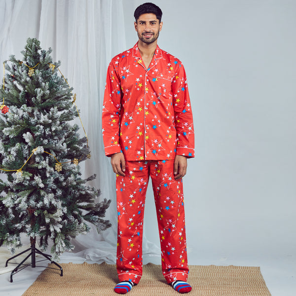 Starburst Cotton Notched Pyjama Set For Men's