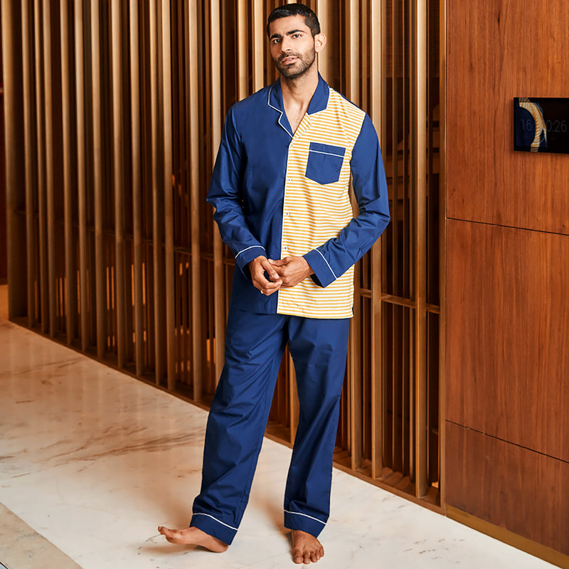 Licorice Cotton Notched Pyjama Set For Men's