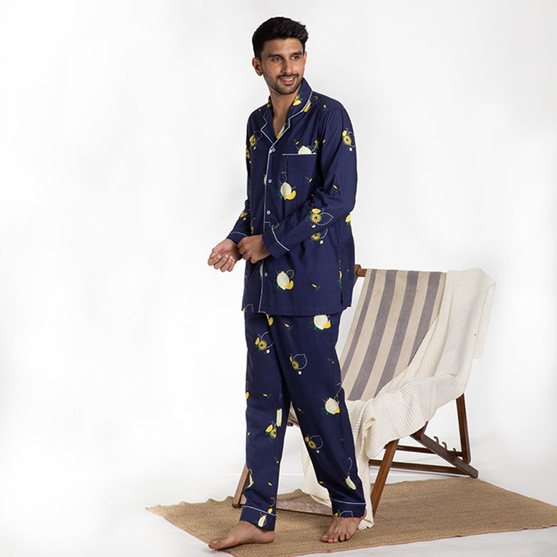 Lemon Squeazy Cotton Notched Pyjama Set For Men's