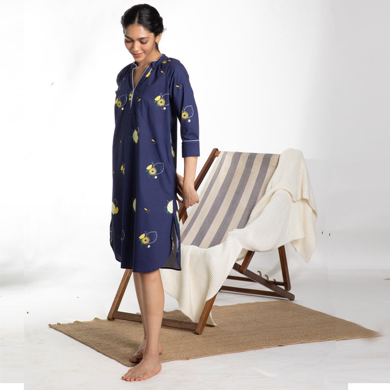 Lemon Squeazy Cotton Dip-Neck Sleep Dress