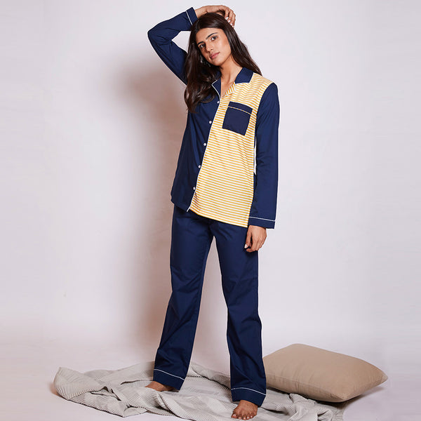 Licorice Cotton Notched Pyjama Set For Women's