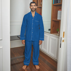 Midnight Blue Cotton Notched Pyjama Set For Men's