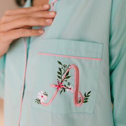 Mist Calligraph Embroidered Women Cotton Notched Pyjama Set