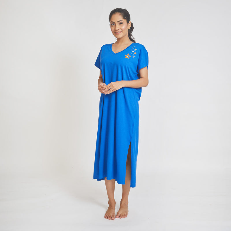 Dandelion - Cotton Knit - Blue - Full Length- Nighty Sleep Dress