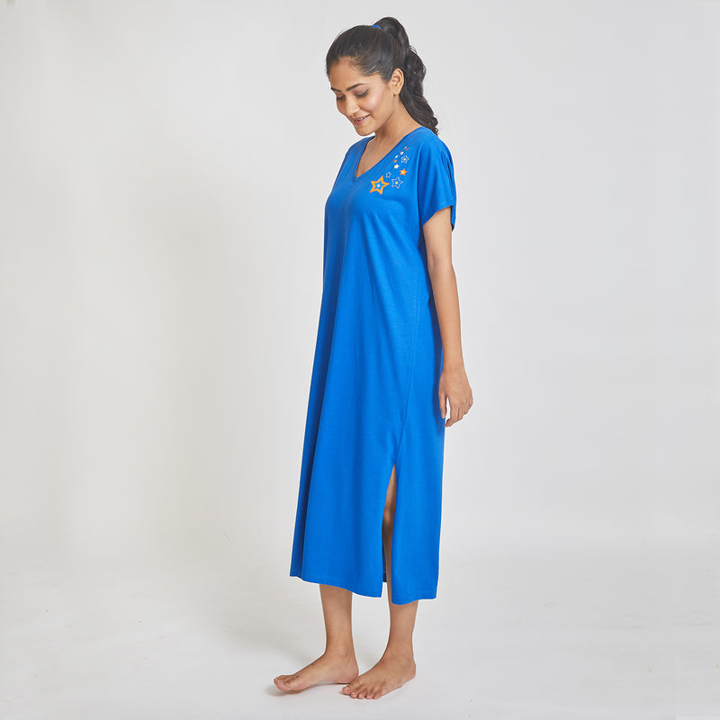 Dandelion - Cotton Knit - Blue - Full Length- Nighty Sleep Dress