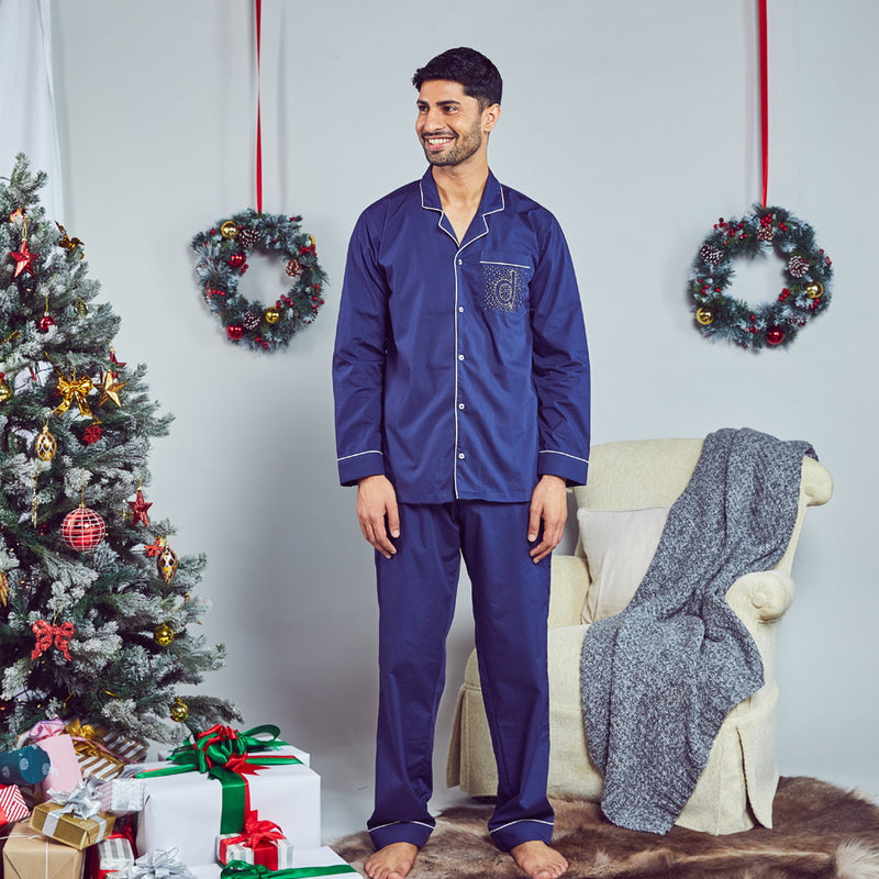 Midnight Sprinkle Embroidered Cotton Notched Pyjama Set Men's