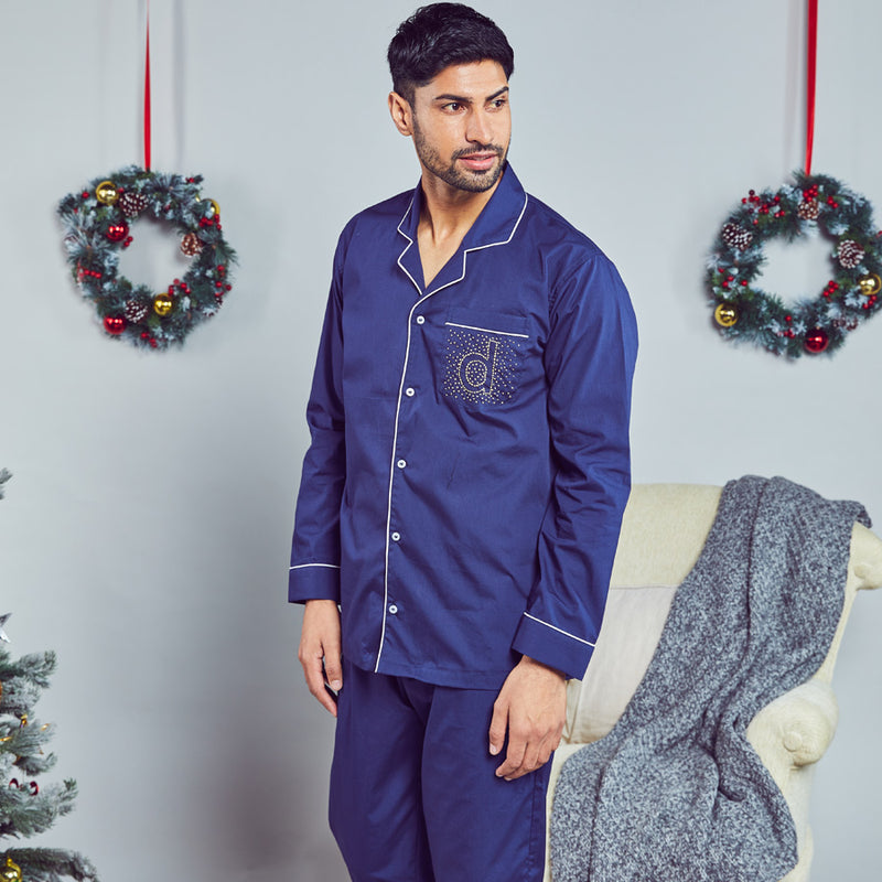 Midnight Sprinkle Embroidered Cotton Notched Pyjama Set Men's